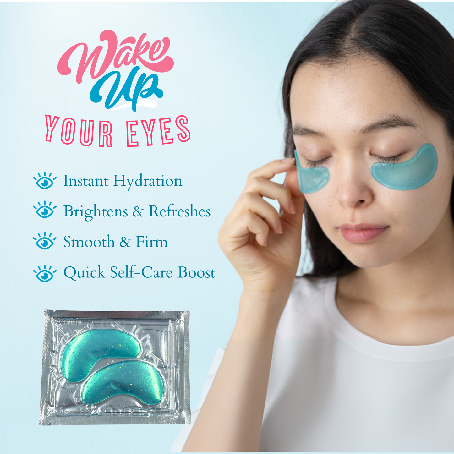 Cooling gel eye patches applied under eyes to hydrate, refresh and reduce tired looking skin