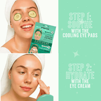Step by step eye care routine using cucumber cooling eye pads and hydrating eye cream