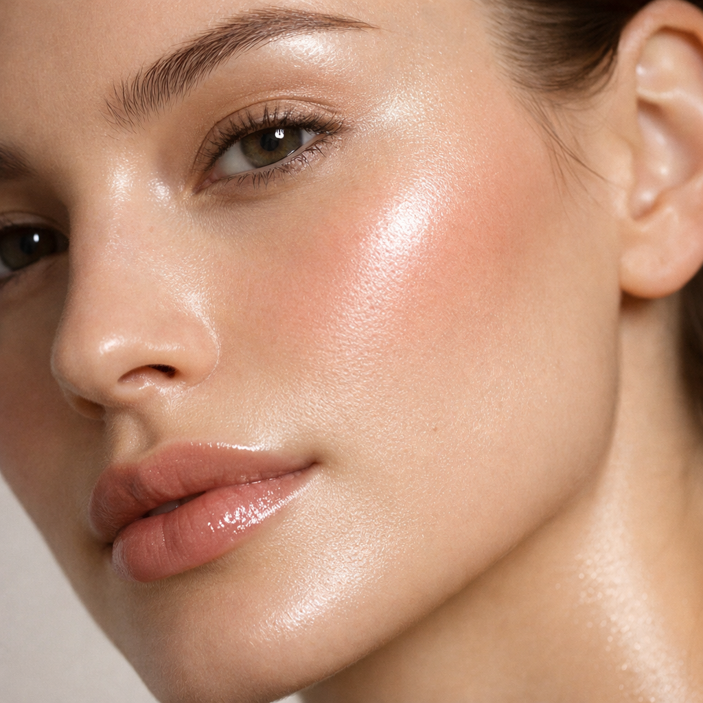 Close-up of glowing skin texture showing dewy makeup finish with blush and highlight