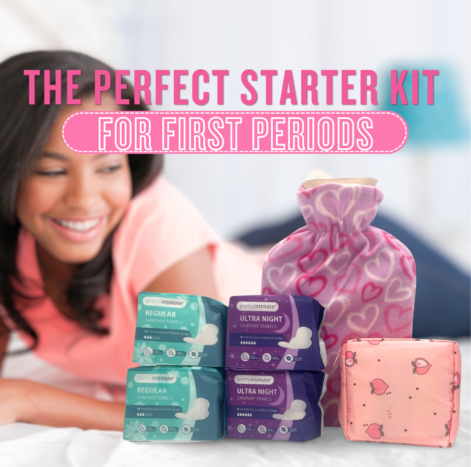Complete first period starter kit with sanitary towels hot water bottle and pouch