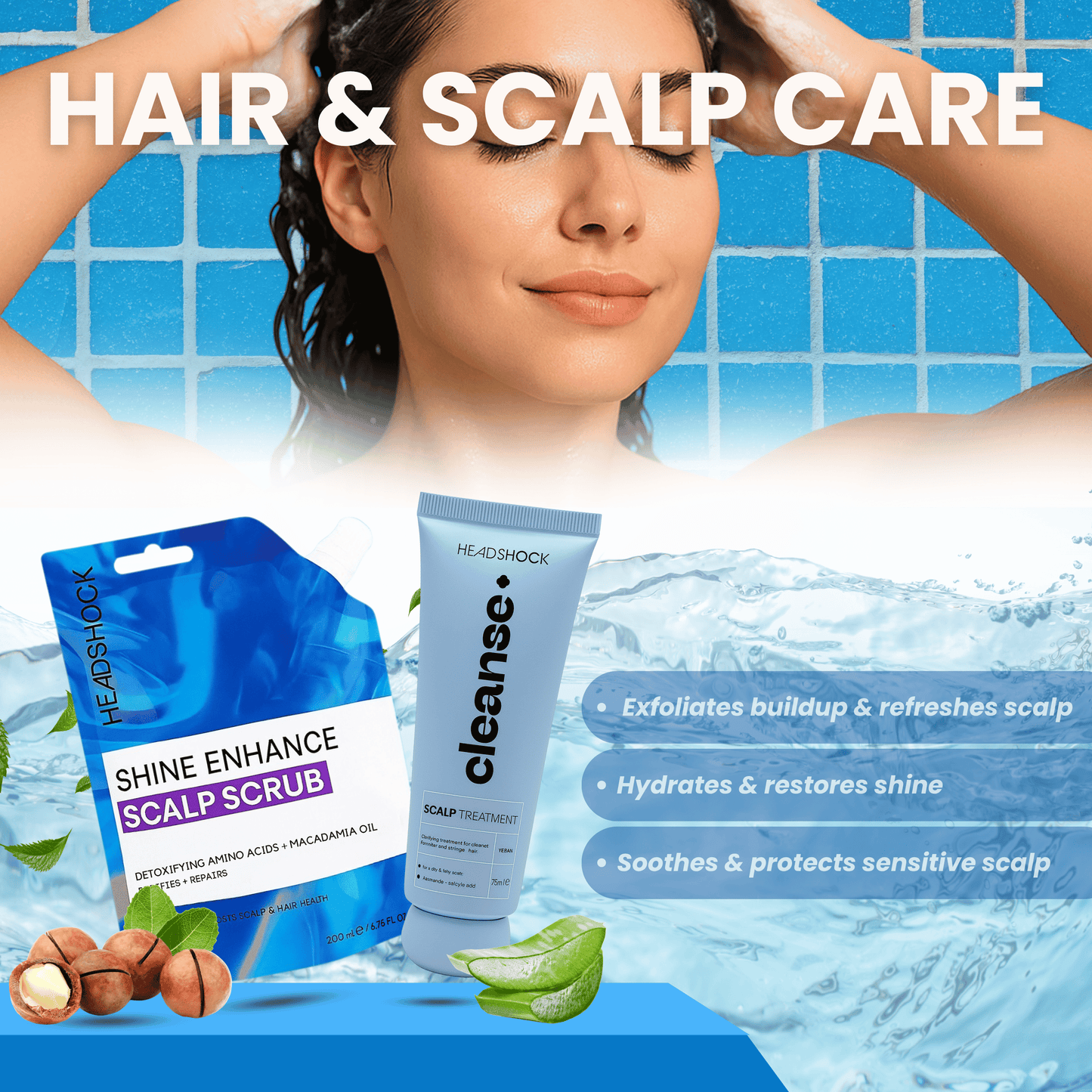 Headshock scalp care routine featuring scalp scrub and cleanse treatment designed to exfoliate buildup, hydrate hair and soothe scalp.