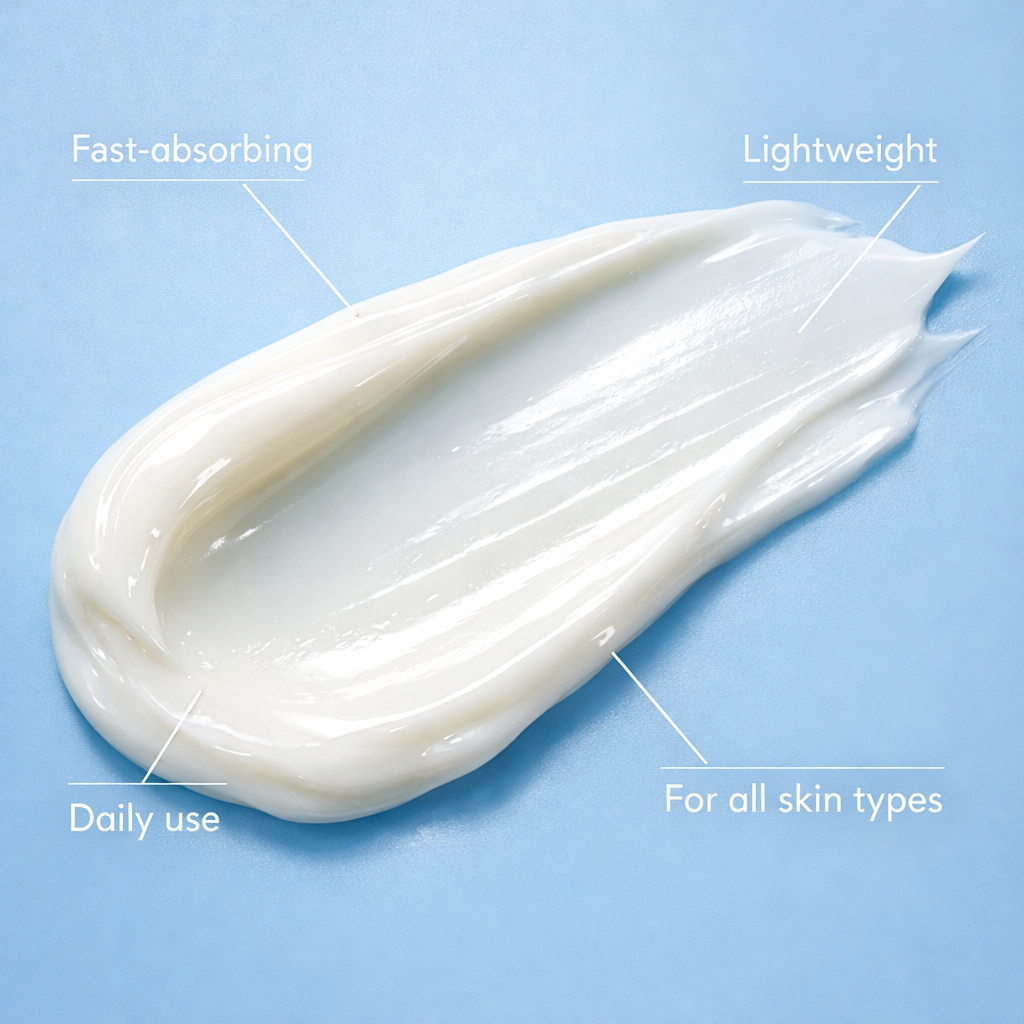 Close up texture of hyaluronic face cream showing lightweight consistency suitable for daily use and all skin types