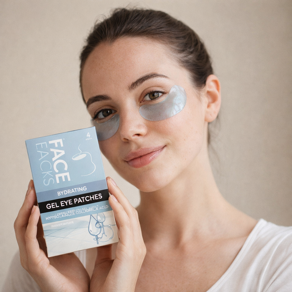 Model wearing hydrating gel eye patches for under eye care and refreshed skin appearance