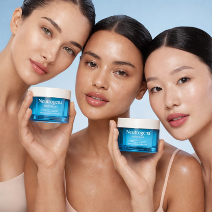 Three models holding Neutrogena Hydro Boost water gel moisturiser showing hydrated glowing skin