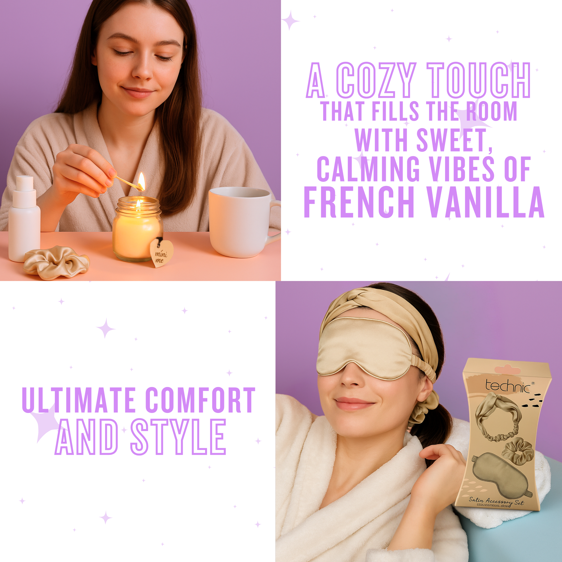 Satin headband, eye mask and scrunchie worn during relaxing spa self care routine at home