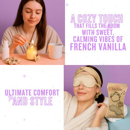 Satin headband, eye mask and scrunchie worn during relaxing spa self care routine at home