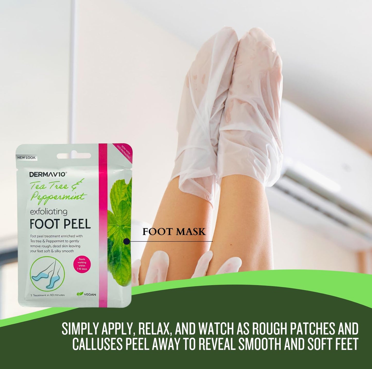 Tea tree and peppermint exfoliating foot peel mask worn on feet to remove calluses, peel dead skin, and reveal smoother, softer feet.
