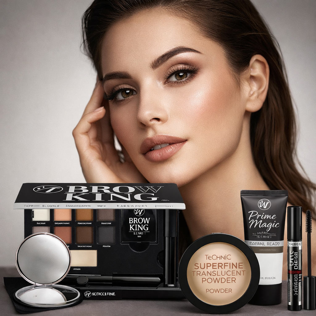 Beauty model wearing natural makeup with W7 Brow King palette, primer, mascara and powder displayed in front