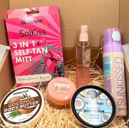 Self Tanning Kit, 6 Pieces – Facial Mist, Mousse, 3-in-1 Mitt, Scrub, Coconut Butter & Bronzing Pearls for Face & Body Glow (Dark Shade)