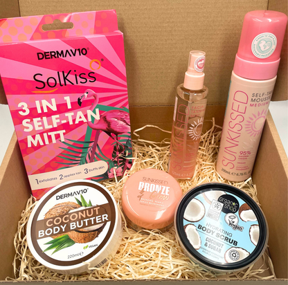 Self Tanning Kit, 6 Pieces – Facial Mist, Mousse, 3-in-1 Mitt, Scrub, Coconut Butter & Bronzing Pearls for Face & Body Glow (Medium)