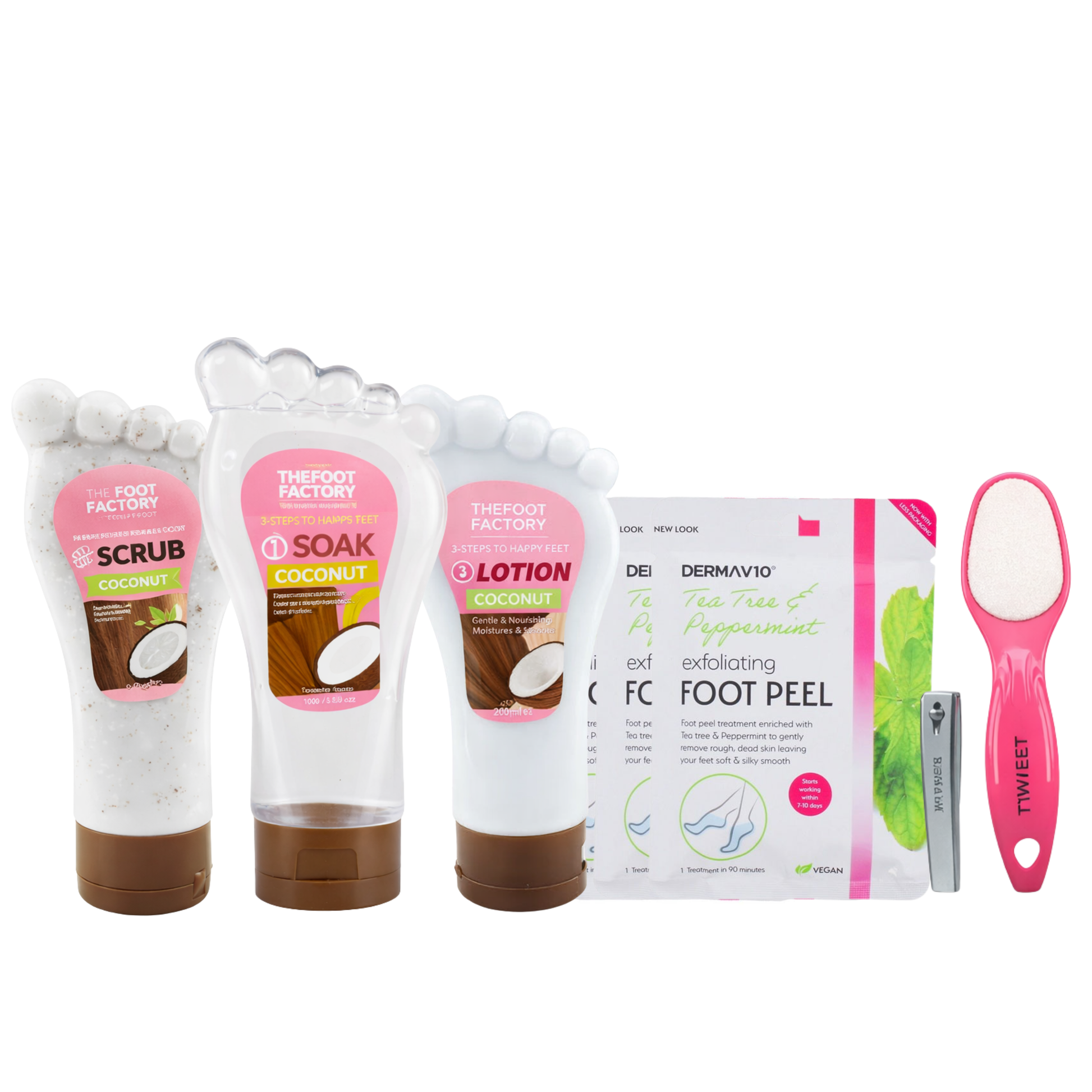 Coconut foot care bundle with moisturising foot scrub, foot soak, foot lotion, exfoliating foot peel masks and pedicure tools