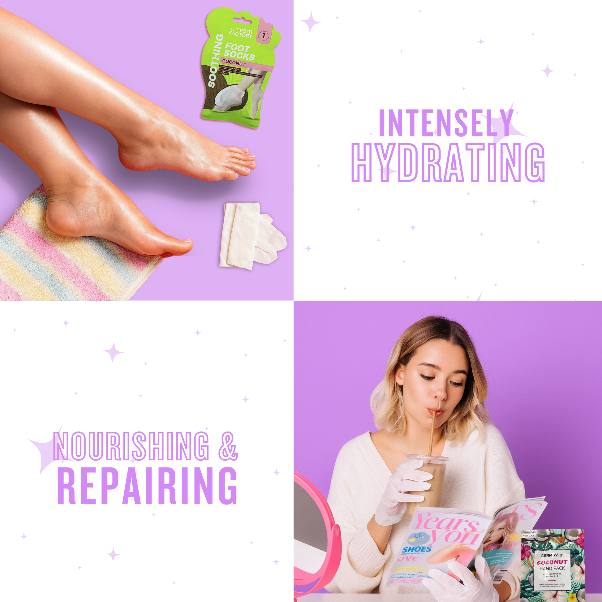 Model wearing coconut foot socks for intense hydration and repairing dry feet during a relaxing at home self care routine