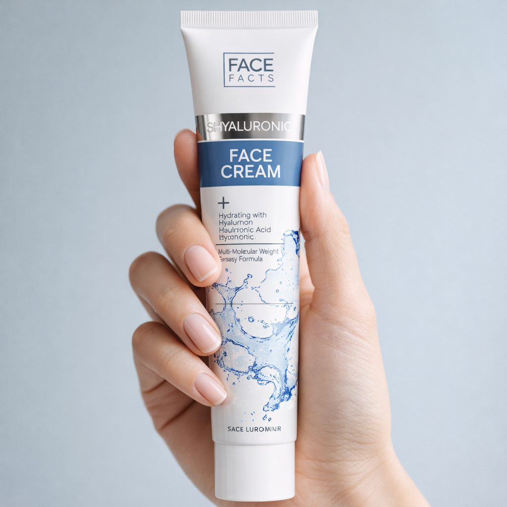 Hand holding Face Facts Hyaluronic Face Cream tube highlighting packaging design and daily hydrating skincare use