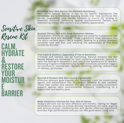 Face Facts ceramide sensitive skin rescue kit explaining barrier repair, hydration and calming ingredients for fragile or reactive skin.