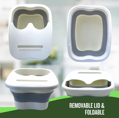 Foldable foot spa tub showing removable lid and collapsible design, ideal for easy storage and comfortable at-home foot soaking.