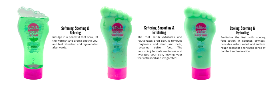 Foot care products showing soak, scrub, and lotion benefits including exfoliation, hydration, and relaxation.