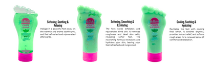 Foot care products showing soak, scrub, and lotion benefits including exfoliation, hydration, and relaxation.
