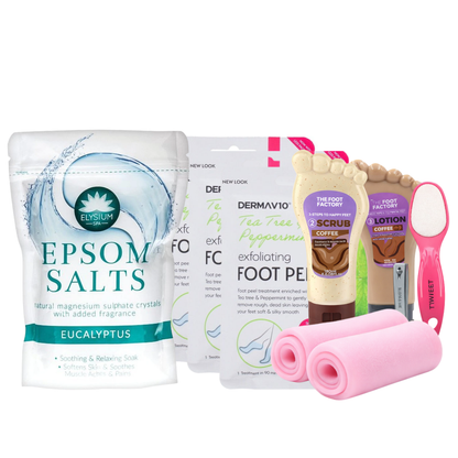 At-home foot care spa gift set including eucalyptus epsom salts, tea tree foot peel masks, exfoliating foot scrub, hydrating foot lotion, silicone foot socks and double-sided foot file