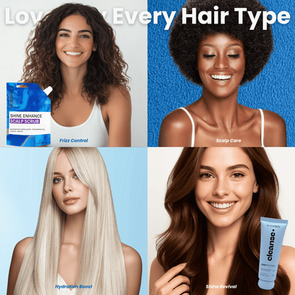 Headshock scalp revival set shown across multiple hair types highlighting refreshed scalp, improved shine and balanced hair care results.