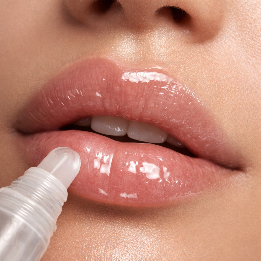 Close-up of lip gloss application showing natural shine and smooth lips