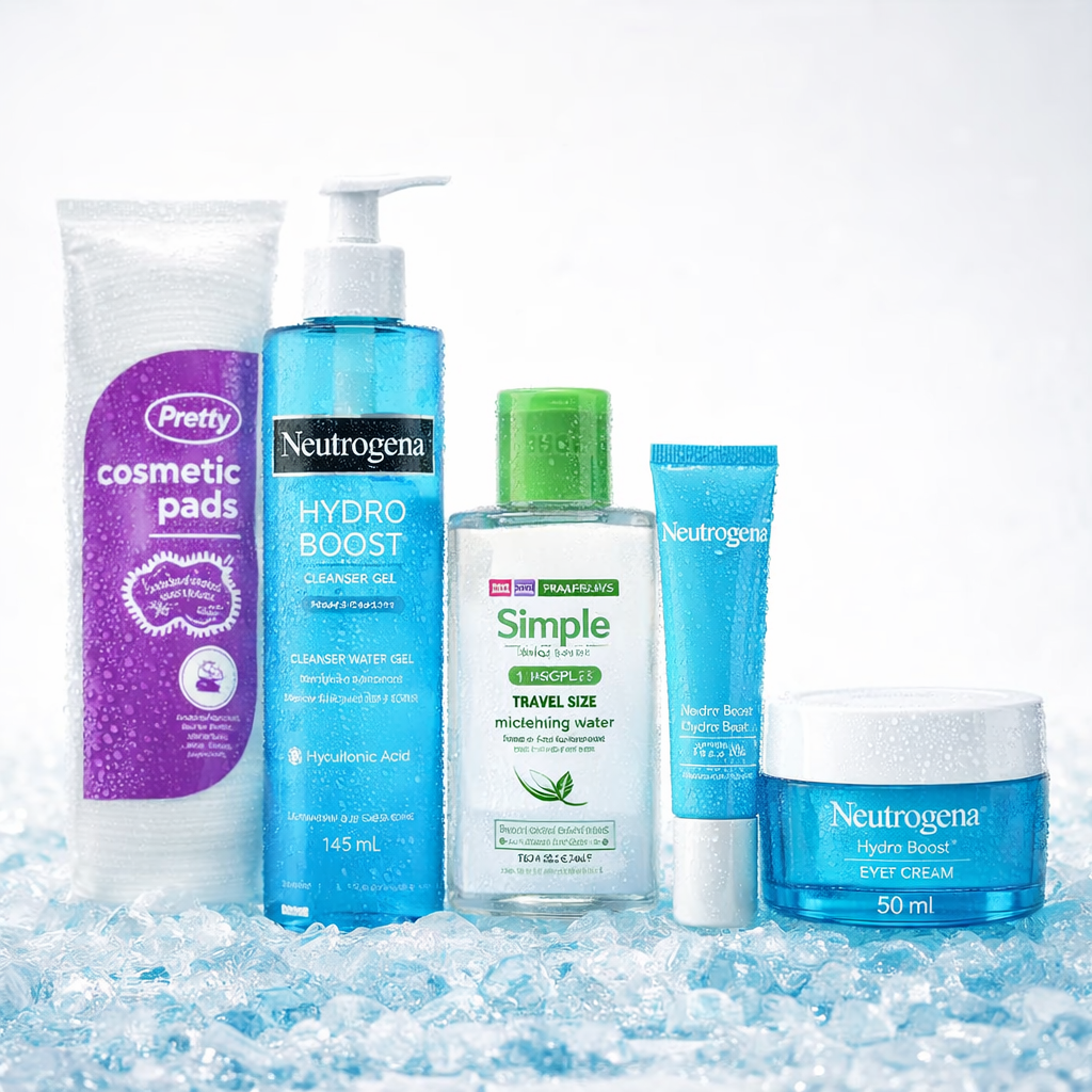 Neutrogena and Simple skincare routine displayed with ice and water droplets to represent deep hydration