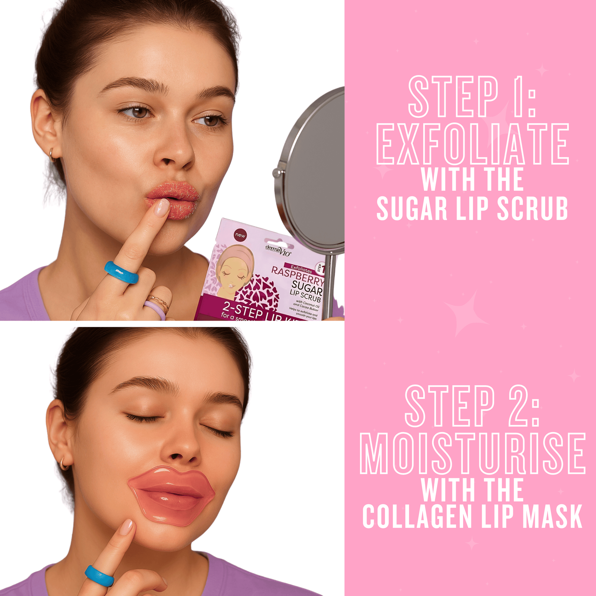 Two step lip care routine using raspberry sugar lip scrub and collagen lip mask