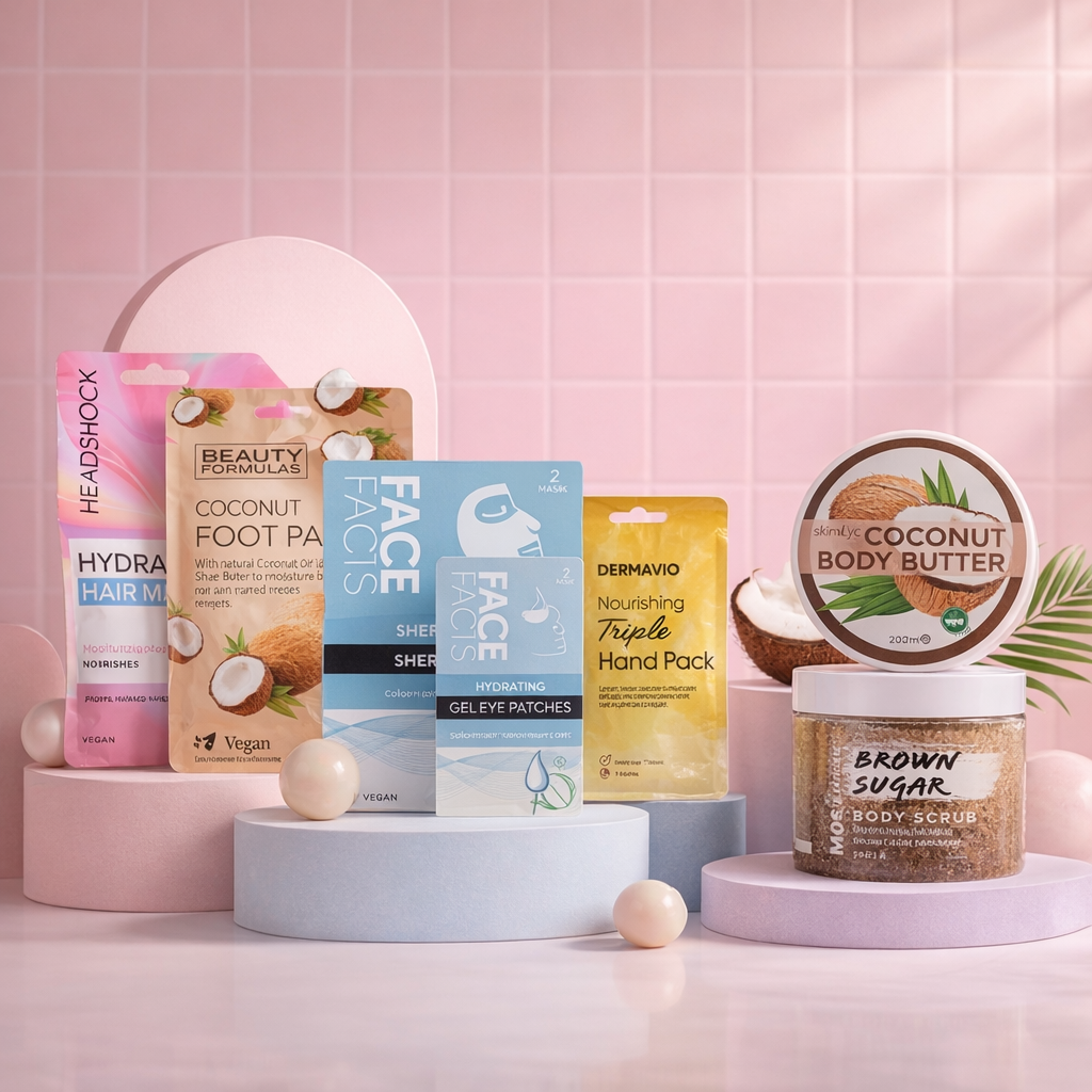 Self care spa gift set arranged on pastel platforms featuring coconut skincare and pamper products