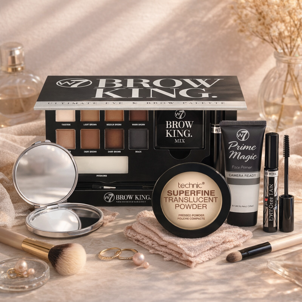 W7 Brow King makeup kit styled on a vanity with brushes and accessories for a soft lifestyle beauty scene