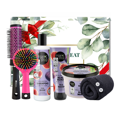 Organic Shop fig and rosehip volumizing hair care set with shampoo, scalp scrub, hair mask, scalp massager brush and microfiber hair wrap for oily hair presented in premium gift packaging suitable for all occasions, ideal for birthdays, Christmas, Mother’s Day and self-care gifting.