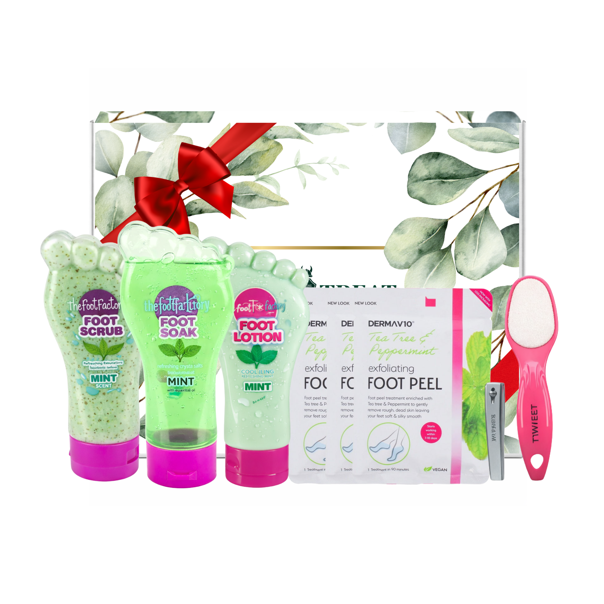 Mint foot care bundle with exfoliating foot scrub, foot soak, cooling foot lotion, tea tree foot peel masks, double sided foot file and nail clipper presented in premium gift packaging suitable for all occasions, ideal for birthdays, Christmas, Mother’s Day and self-care gifting.