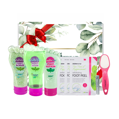 Mint foot care bundle with exfoliating foot scrub, foot soak, cooling foot lotion, tea tree foot peel masks, double sided foot file and nail clipper presented in premium gift packaging suitable for all occasions, ideal for birthdays, Christmas, Mother’s Day and self-care gifting.