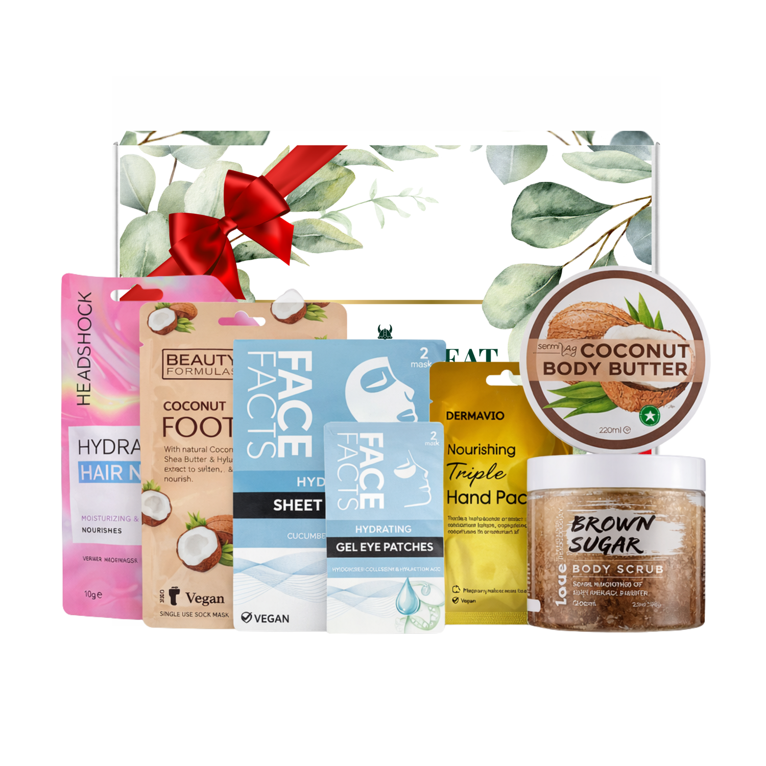 Coconut spa pamper gift set featuring body scrub, body butter, hair mask, face masks, eye patches and hand pack presented in premium gift packaging suitable for all occasions, ideal for birthdays, Christmas, Mother’s Day and self-care gifting.