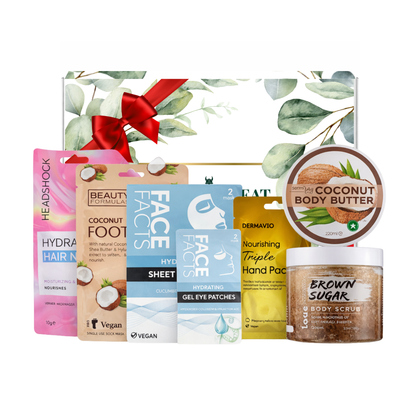 Coconut spa pamper gift set featuring body scrub, body butter, hair mask, face masks, eye patches and hand pack presented in premium gift packaging suitable for all occasions, ideal for birthdays, Christmas, Mother’s Day and self-care gifting.