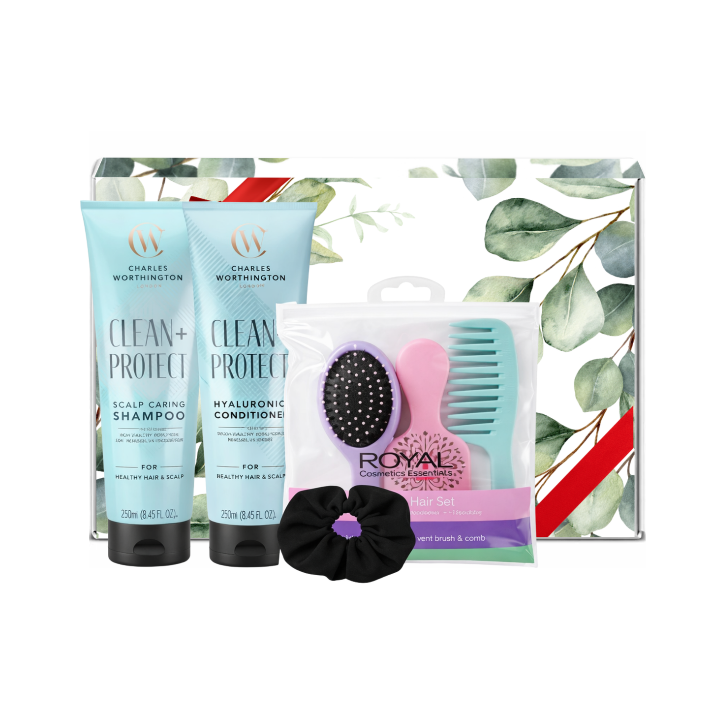 Charles Worthington Clean + Protect shampoo and hyaluronic conditioner hair care set with brushes, comb and scrunchie presented in premium gift packaging suitable for all occasions, ideal for birthdays, Christmas, Mother’s Day and self-care gifting.