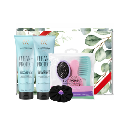 Charles Worthington Clean + Protect shampoo and hyaluronic conditioner hair care set with brushes, comb and scrunchie presented in premium gift packaging suitable for all occasions, ideal for birthdays, Christmas, Mother’s Day and self-care gifting.