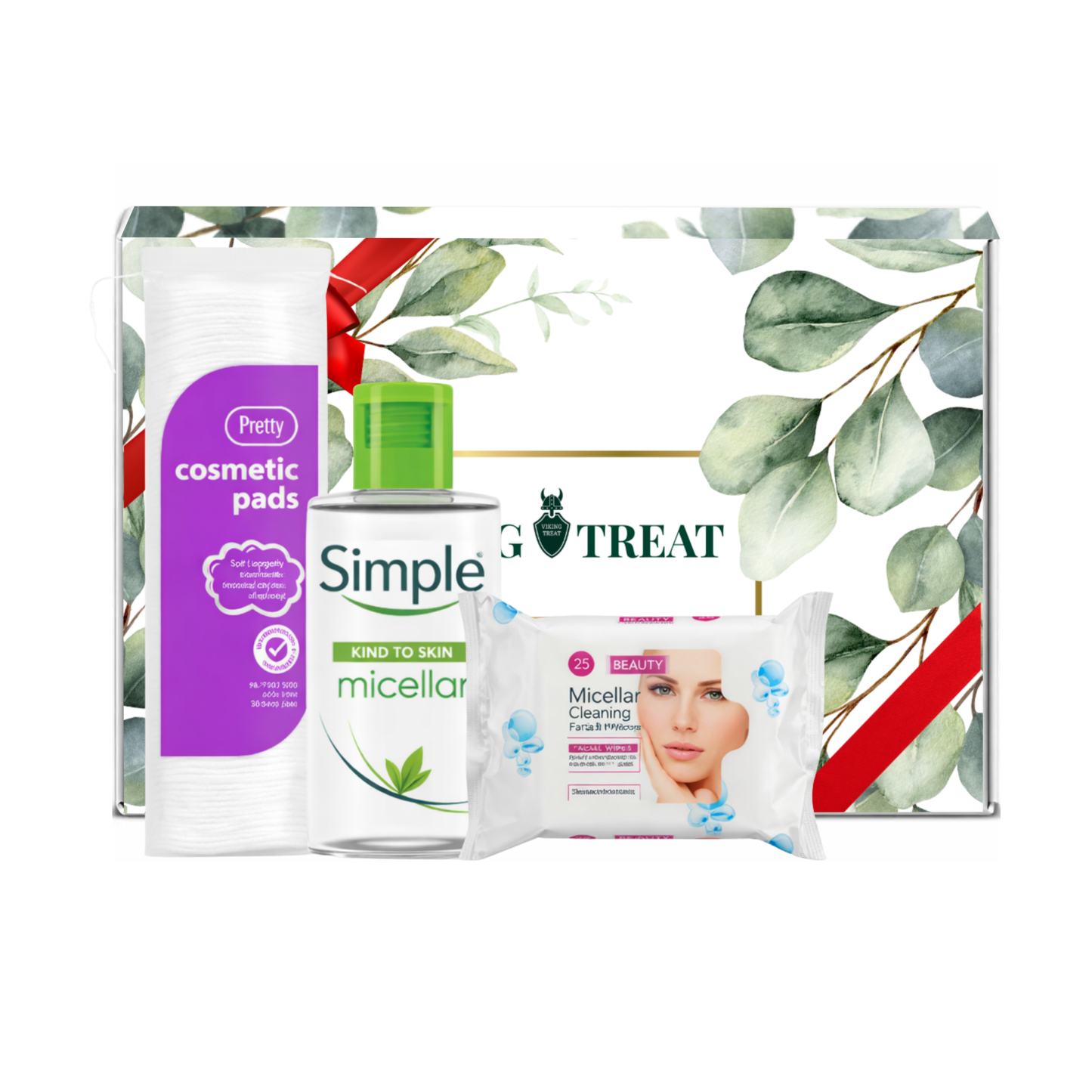 Simple micellar water bottle with cosmetic pads and face wipes presented in premium gift packaging suitable for all occasions, ideal for birthdays, Christmas, Mother’s Day and self-care gifting.