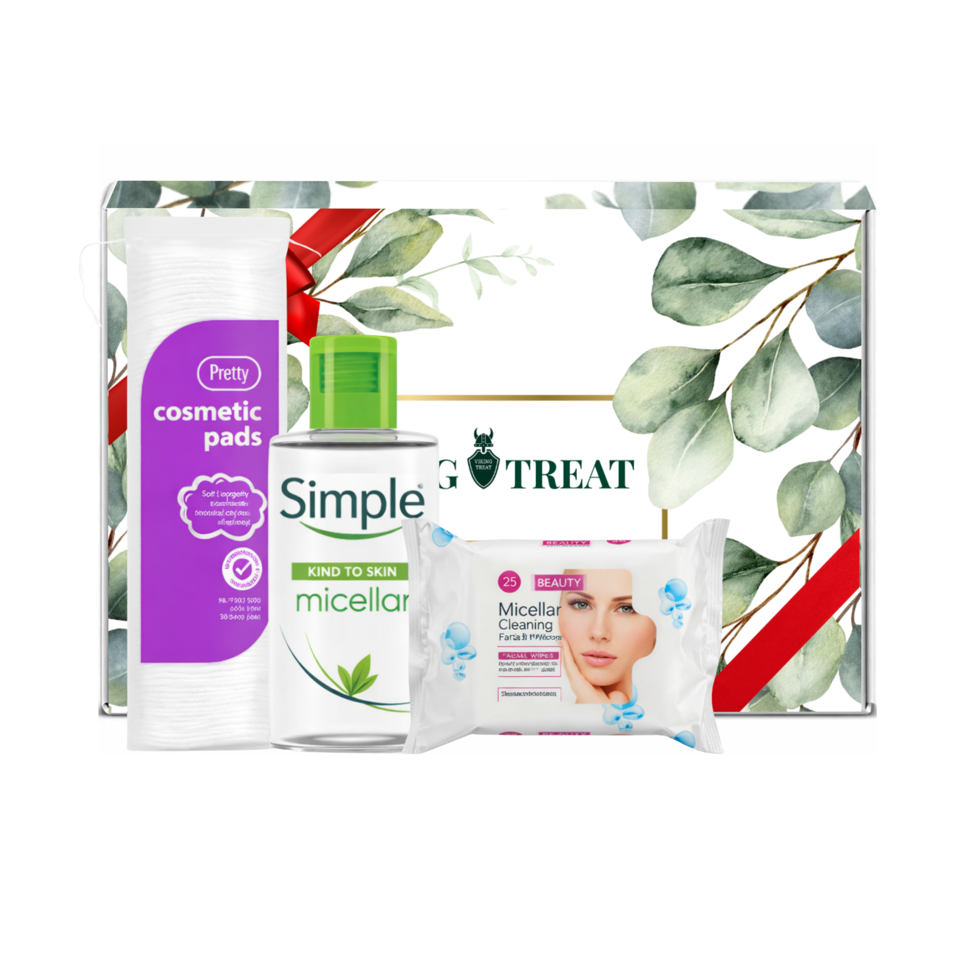 Simple micellar water bottle with cosmetic pads and face wipes presented in premium gift packaging suitable for all occasions, ideal for birthdays, Christmas, Mother’s Day and self-care gifting.