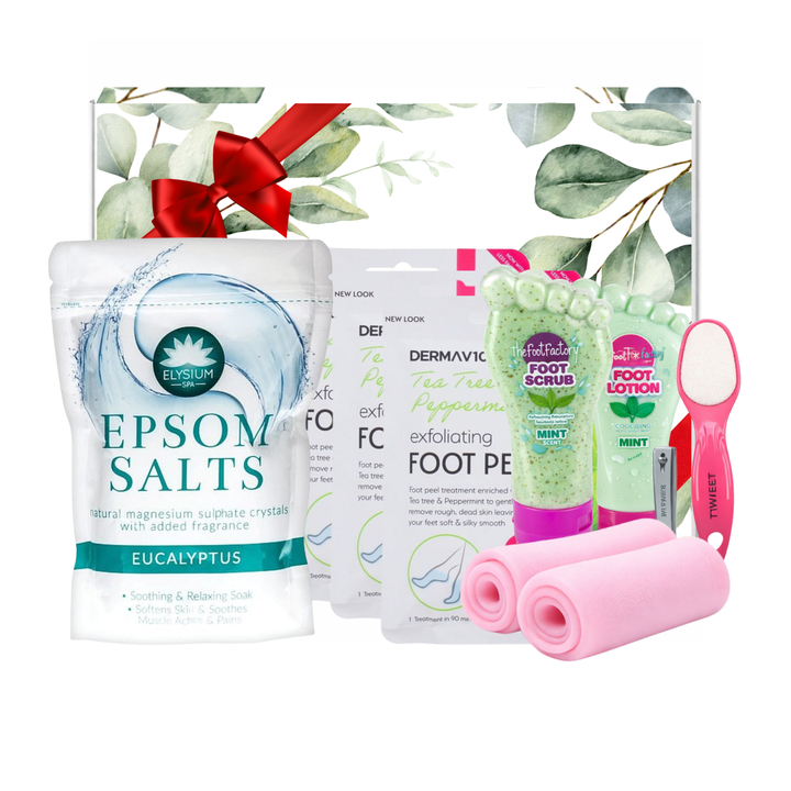 At-home foot care spa gift set with eucalyptus epsom salts, tea tree foot peel masks, exfoliating foot scrub, hydrating foot lotion, silicone foot socks and double-sided foot file