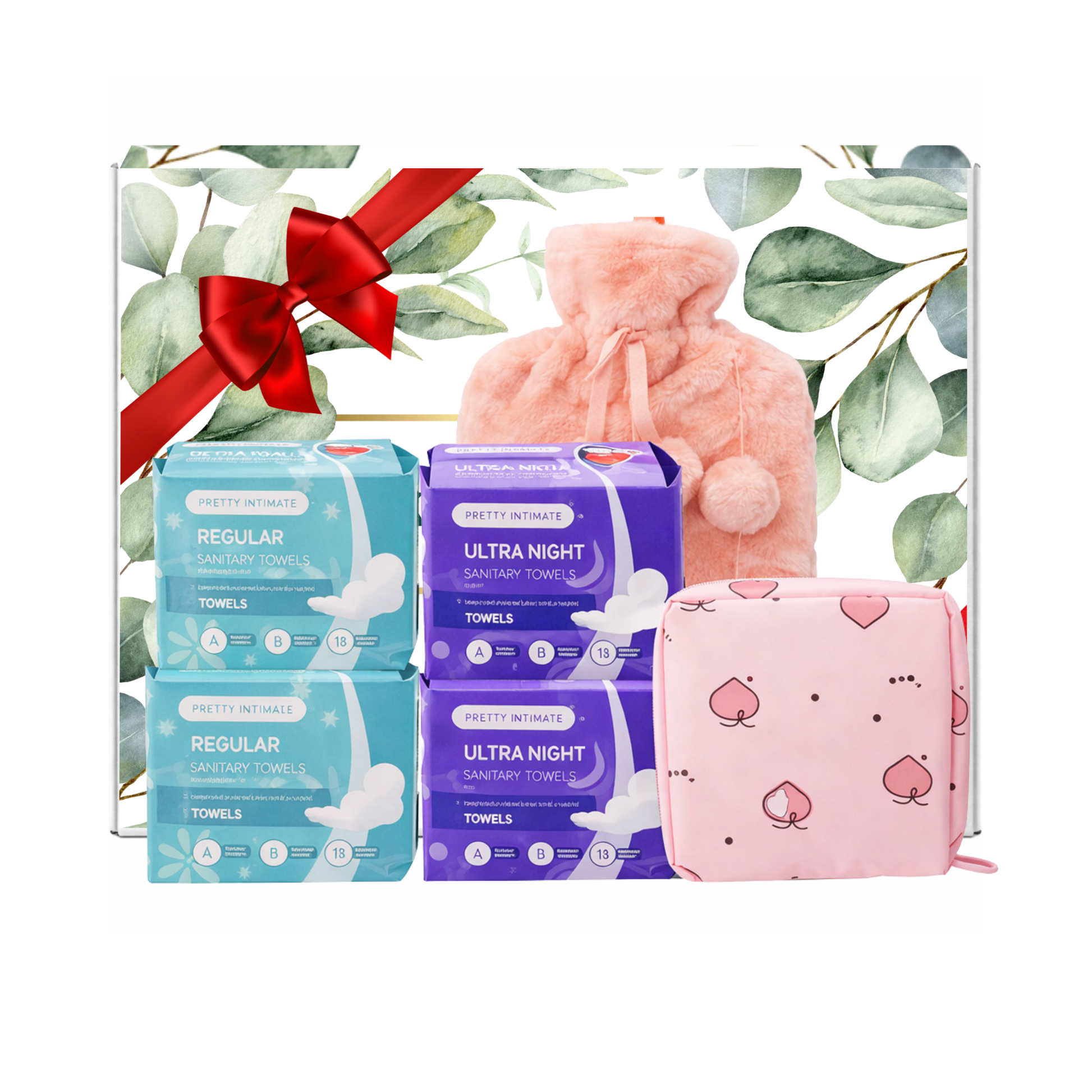 First period starter kit gift set with sanitary towels, hot water bottle, and discreet period emergency pouch in gift-ready packaging for teen girls presented in premium gift packaging suitable for all occasions, ideal for birthdays, Christmas, Mother’s Day and self-care gifting.
