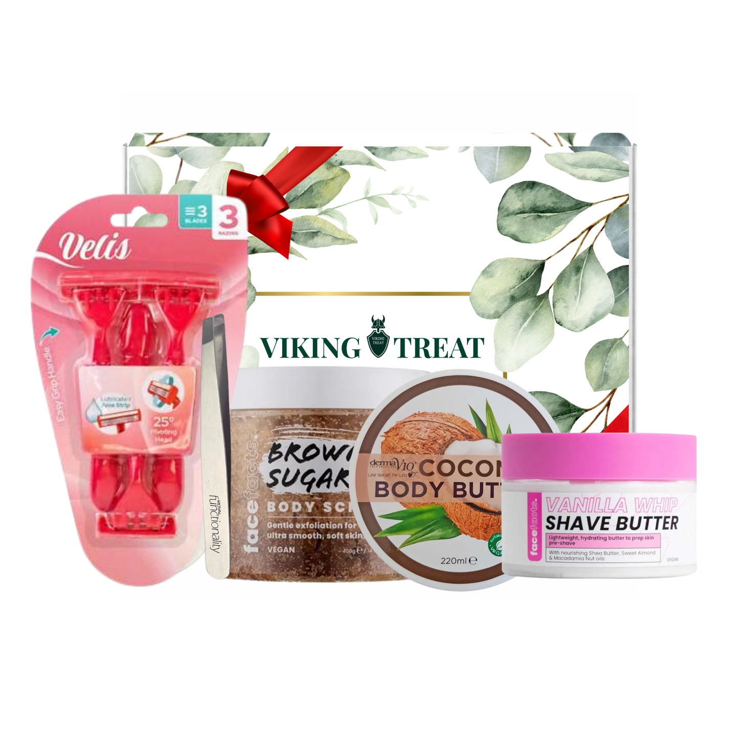 Summer shaving essentials kit featuring brown sugar body scrub, coconut body butter, vanilla whip shave butter, razors and grooming tools presented in premium gift packaging suitable for all occasions, ideal for birthdays, Christmas, Mother’s Day and self-care gifting.