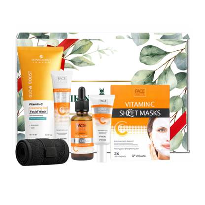Vitamin C skincare set featuring Face Facts serum, face cream, eye cream, sheet masks and Skin Academy Glow Boost facial wash for brightening and glowing skin presented in premium gift packaging suitable for all occasions, ideal for birthdays, Christmas, Mother’s Day and self-care gifting.