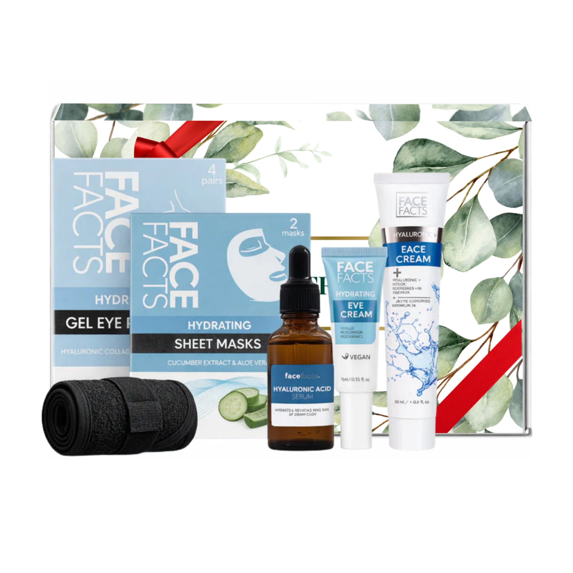 Face Facts Hyaluronic skincare gift set including face cream, eye cream, serum, hydrating sheet masks and gel eye patches arranged presented in premium gift packaging suitable for all occasions, ideal for birthdays, Christmas, Mother’s Day and self-care gifting.