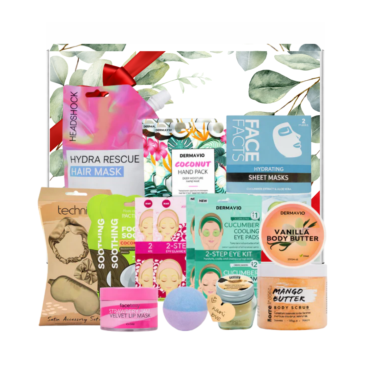 luxury pamper gift set featuring hair mask, face masks, foot socks, lip care, body butter, body scrub, bath bomb, candle and satin accessories arranged together presented in premium gift packaging suitable for all occasions, ideal for birthdays, Christmas, Mother’s Day and self-care gifting.