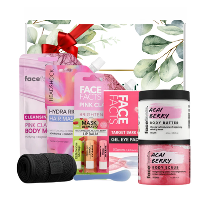 Pink clay spa gift set with Face Facts skincare, acai berry body scrub, body butter, eye patches, lip balms, hair mask and spa headband presented in premium gift packaging suitable for all occasions, ideal for birthdays, Christmas, Mother’s Day and self-care gifting.