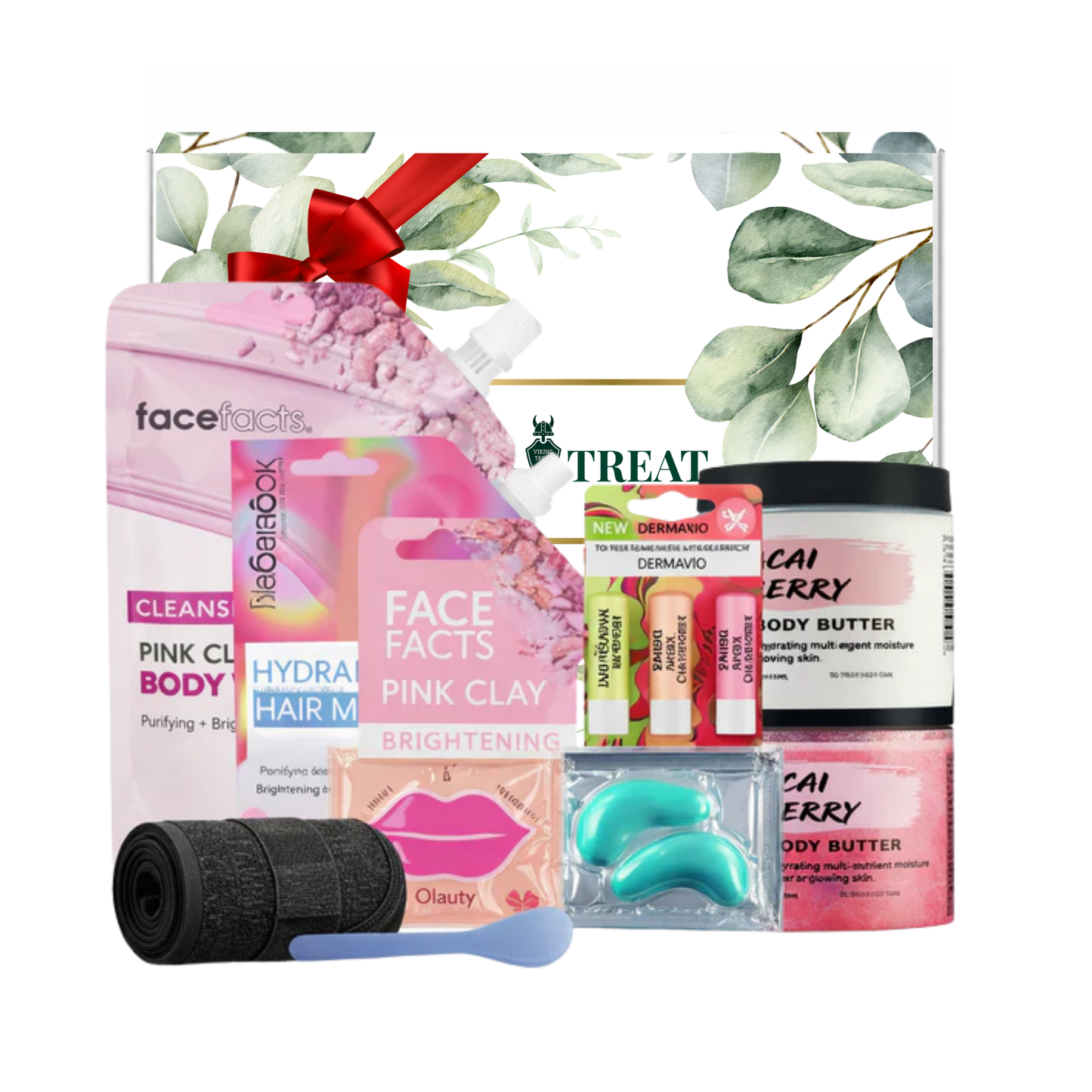 Complete pink clay spa gift set with body mask, hair mask, body scrub, body butter, lip mask, eye patches and accessories presented in premium gift packaging suitable for all occasions, ideal for birthdays, Christmas, Mother’s Day and self-care gifting.