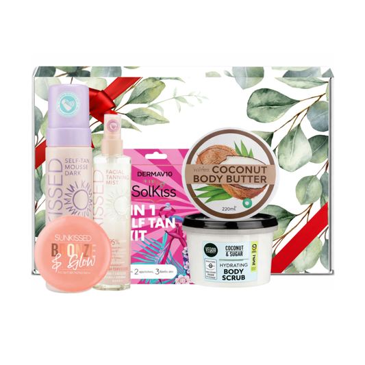 SolKiss dark self tan gift set including self tan mousse, facial tanning mist, tanning mitt, coconut body scrub, body butter and bronze glow balm presented in premium gift packaging suitable for all occasions, ideal for birthdays, Christmas, Mother’s Day and self-care gifting.