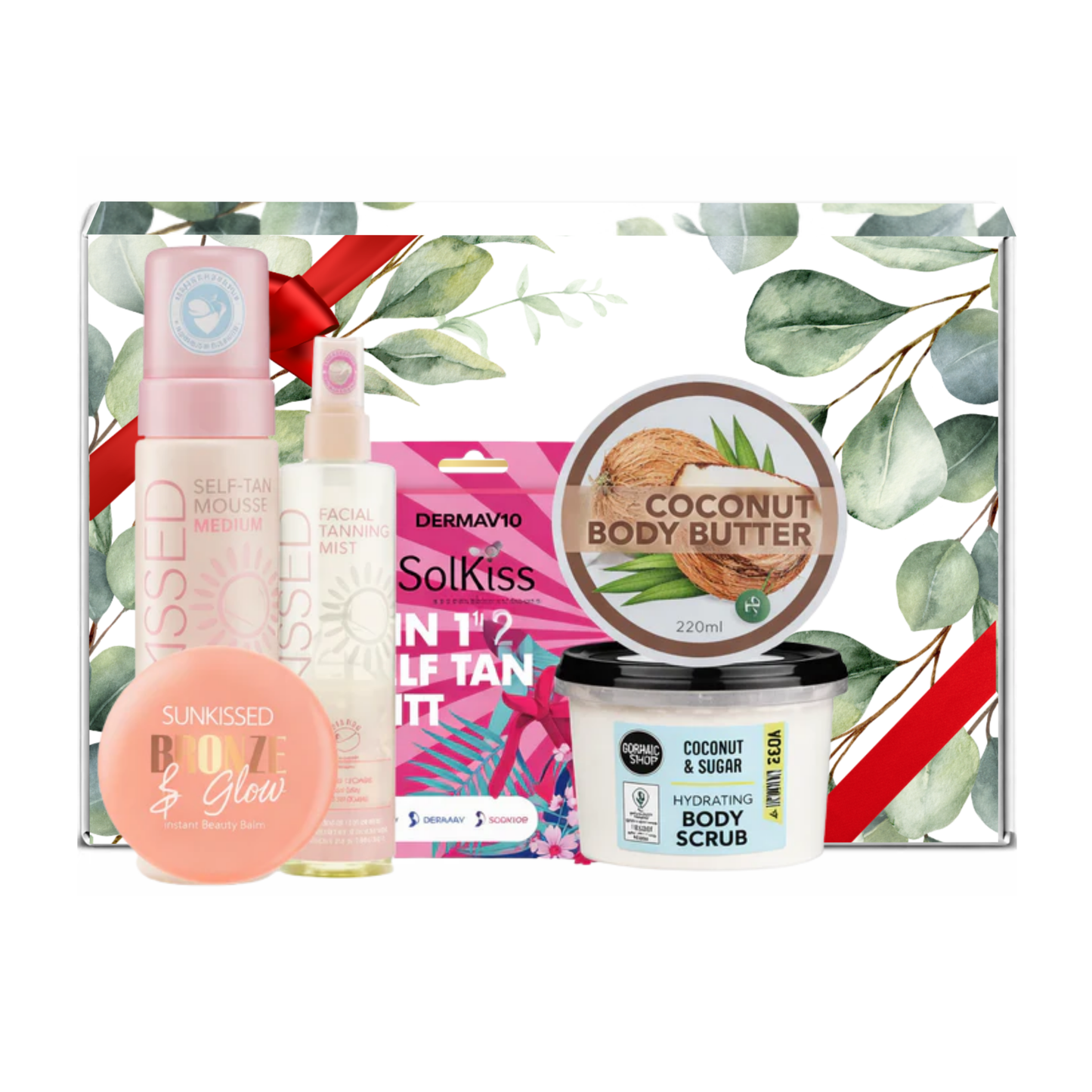 Dermav10 SolKiss medium self tan gift set with mousse, mist, mitt, gloves, body scrub, body butter and bronzing pearl presented in premium gift packaging suitable for all occasions, ideal for birthdays, Christmas, Mother’s Day and self-care gifting.