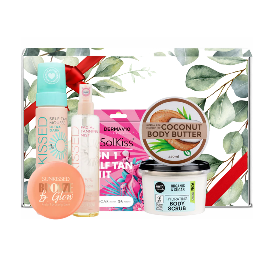 Collection of self-tanning products including mousse, mist, and scrub presented in premium gift packaging suitable for all occasions, ideal for birthdays, Christmas, Mother’s Day and self-care gifting.