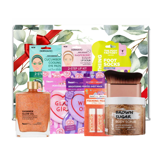 Beauty pamper gift set with skincare masks, lip care, shimmer body oil, foot socks, kabuki brush and brown sugar body scrub presented in premium gift packaging suitable for all occasions, ideal for birthdays, Christmas, Mother’s Day and self-care gifting.