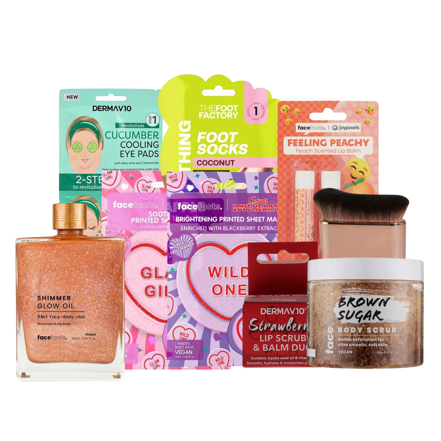 Beauty pamper gift set with skincare masks, lip care, shimmer body oil, foot socks, kabuki brush and brown sugar body scrub on white background